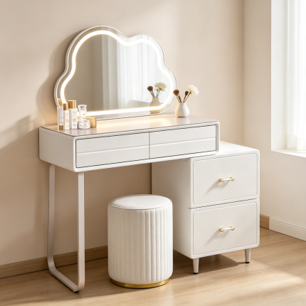 The Modern White Dressing Table is an elegant and functional bedroom furniture piece designed to provide a stylish space for grooming, makeup, and personal organization. Featuring a sleek white finish and a contemporary design, this dressing table adds a clean and sophisticated look to bedrooms, apartments, dressing rooms, and guest spaces. Made from high-quality materials, the dressing table is built for durability and everyday use. Its spacious tabletop provides enough room for cosmetics, perfumes, jewelry, skincare products, and decorative accessories, while the storage drawers help keep personal items neatly arranged and easily accessible. The smooth white surface is easy to clean and maintain, ensuring a fresh and attractive appearance for years. Designed to complement modern, minimalist, and contemporary interiors, the Modern White Dressing Table combines beauty, practicality, and storage convenience. It is an ideal choice for homeowners looking to create an organized and stylish personal grooming area. Key Features Elegant modern white finish Spacious tabletop for beauty essentials Multiple drawers for organized storage Durable and sturdy construction Smooth, scratch-resistant surface Easy-to-clean and maintain design Compact and space-saving structure Ideal for bedrooms, dressing rooms, apartments, and guest rooms Complements modern and minimalist décor Built for long-lasting everyday use
