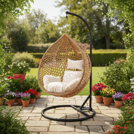 The Outdoor Hammock Swing Chair is a stylish and comfortable relaxation seat designed to create a peaceful outdoor retreat in gardens, patios, balconies, terraces, and outdoor living spaces. Featuring a modern hanging design, this swing chair provides a cozy place to relax, read, enjoy fresh air, or spend quality time with family and friends. Made from durable, weather-resistant materials, the Outdoor Hammock Swing Chair is built to withstand everyday outdoor conditions while maintaining its beauty and strength. The comfortable cushioned seat and supportive backrest provide excellent relaxation, while the strong hanging frame ensures stability and safety during use. Its attractive design adds a decorative touch to both outdoor and indoor spaces. Perfect for homes, hotels, resorts, cafés, and relaxation areas, this hammock swing chair combines comfort, elegance, and durability to create an inviting atmosphere wherever it is placed. Key Features Stylish modern hanging swing chair design Comfortable cushioned seating Strong and durable frame construction Weather-resistant materials for outdoor use Supportive backrest for relaxation Ideal for gardens, patios, balconies, terraces, and lounges Suitable for homes, hotels, resorts, cafés, and outdoor spaces Easy to clean and maintain Creates a relaxing and decorative outdoor environment Built for long-lasting everyday use