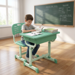Blue Kids Desk and Seat Blue Kids Desk and Seat for Comfortable Learning and Creative Activities The Blue Kids Desk and Seat is a practical, comfortable, and child-friendly furniture set designed to create the perfect learning environment for children. With its vibrant blue color and ergonomic design, this desk and chair set encourages children to enjoy studying, reading, writing, drawing, and other creative activities. It is an excellent choice for homes, schools, daycare centers, kindergartens, tuition centers, and children's study rooms. Crafted from high-quality, durable materials, the desk and seat are built to withstand everyday use while providing excellent stability and safety. The spacious tabletop offers plenty of room for books, notebooks, stationery, educational toys, laptops, and art supplies, helping children stay organized and focused during study time. The comfortable chair is designed to promote proper sitting posture, reducing fatigue and supporting healthy learning habits. Blue Kids Desk and Seat Features Designed with both functionality and safety in mind, this children's study desk features smooth, rounded edges to help minimize accidental bumps and a sturdy frame that ensures long-lasting performance. The bright blue finish adds a fun and cheerful touch to any bedroom, classroom, or playroom while blending well with modern educational spaces. Key Features Complete kids desk and chair set Bright blue child-friendly design Spacious tabletop for studying and creative activities Durable and sturdy construction Ergonomic chair for comfortable seating Smooth, rounded edges for enhanced safety Scratch-resistant and easy-to-clean surface Suitable for homes, schools, daycare centers, and study rooms Compact, space-saving design Easy to assemble and built for everyday use